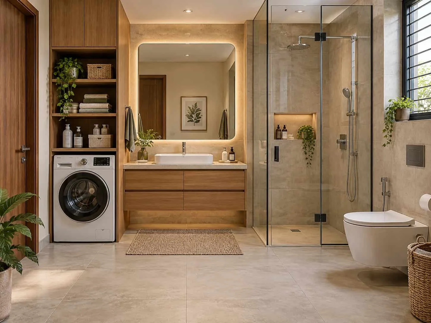 Bathroom with a washing machine bay, laundry shelves, floating vanity and separate glass shower