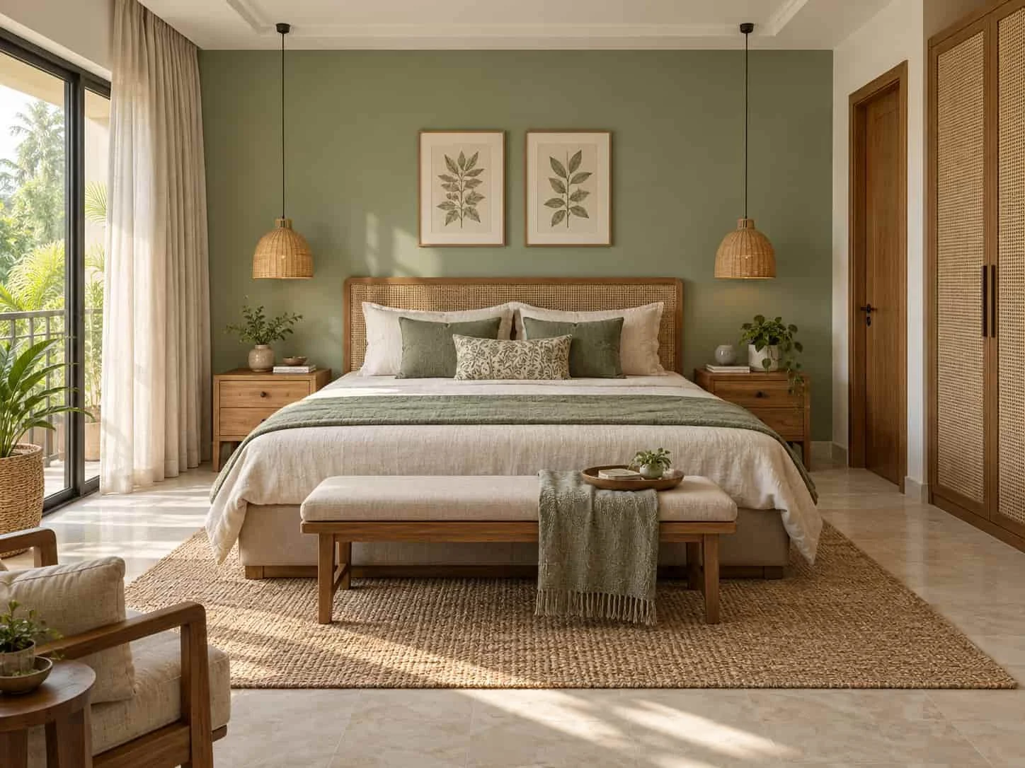 Sage green bedroom with natural textures