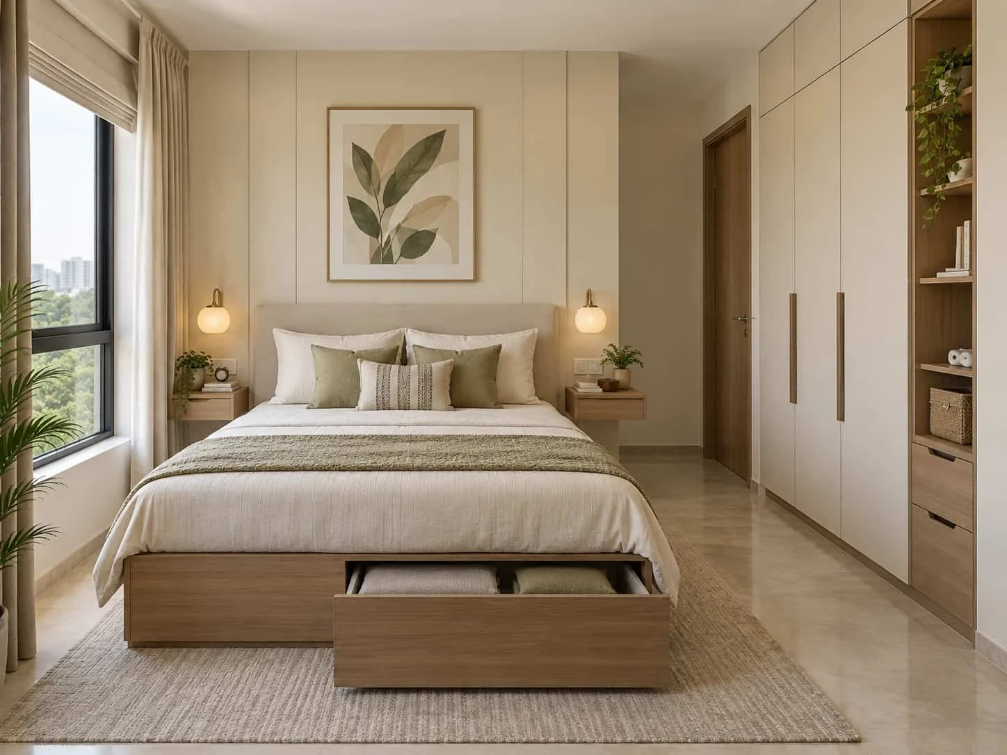 Compact bedroom with everyday storage