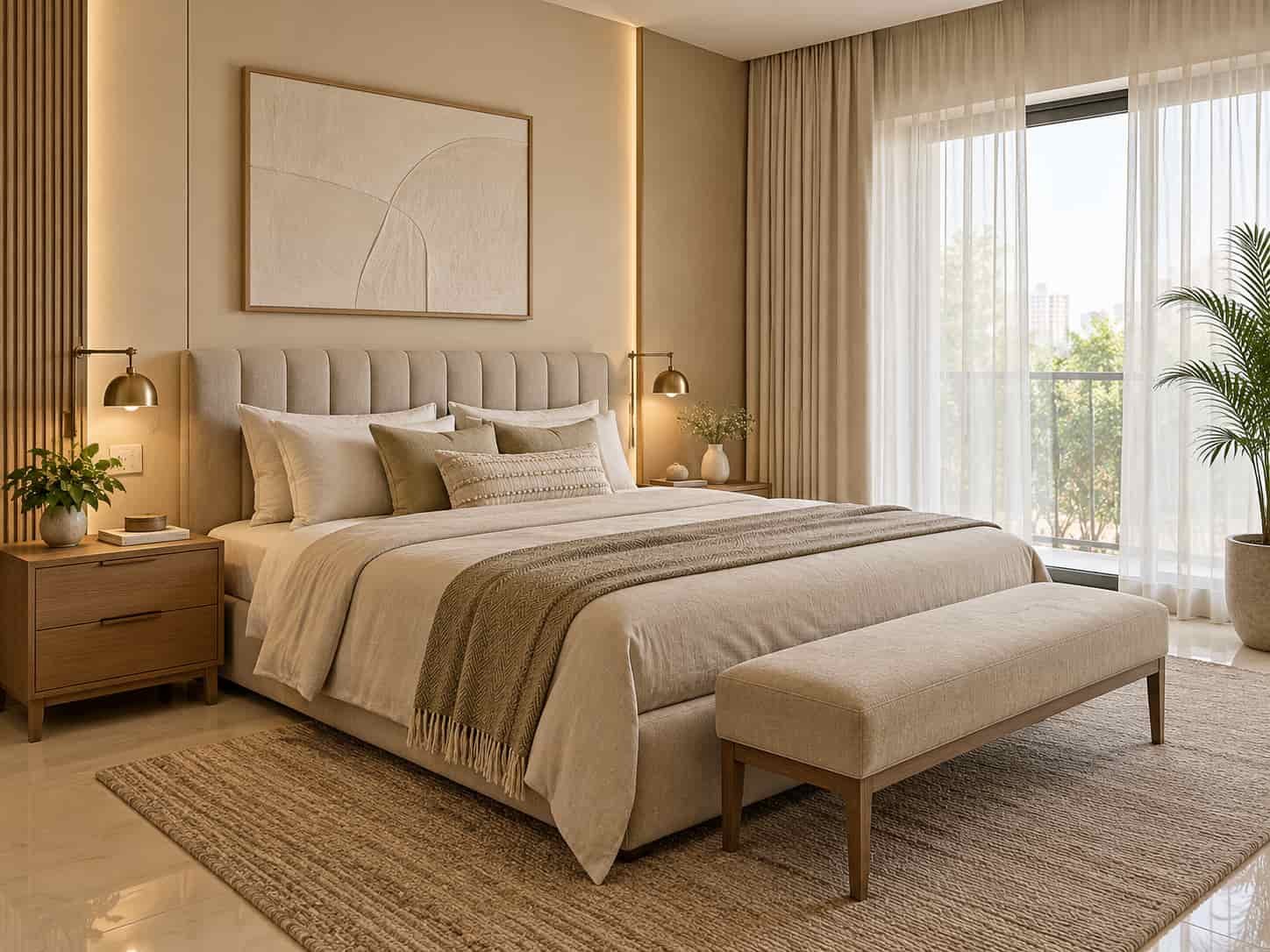 Warm beige bedroom with a soft headboard