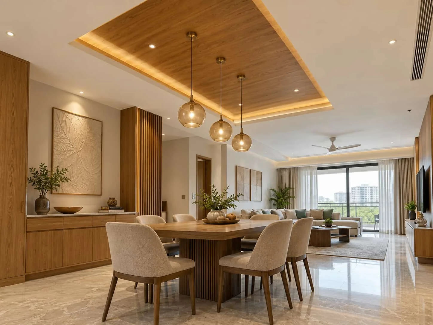 Wood-look ceiling accent above a dining table with white surrounding ceiling