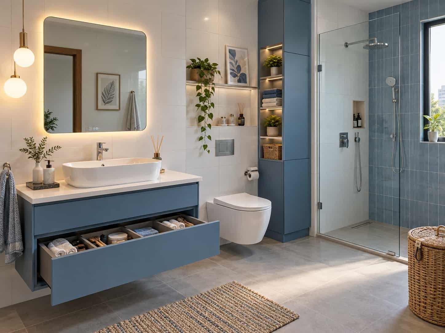 Blue and white bathroom with an organised vanity drawer, illuminated mirror and tall storage