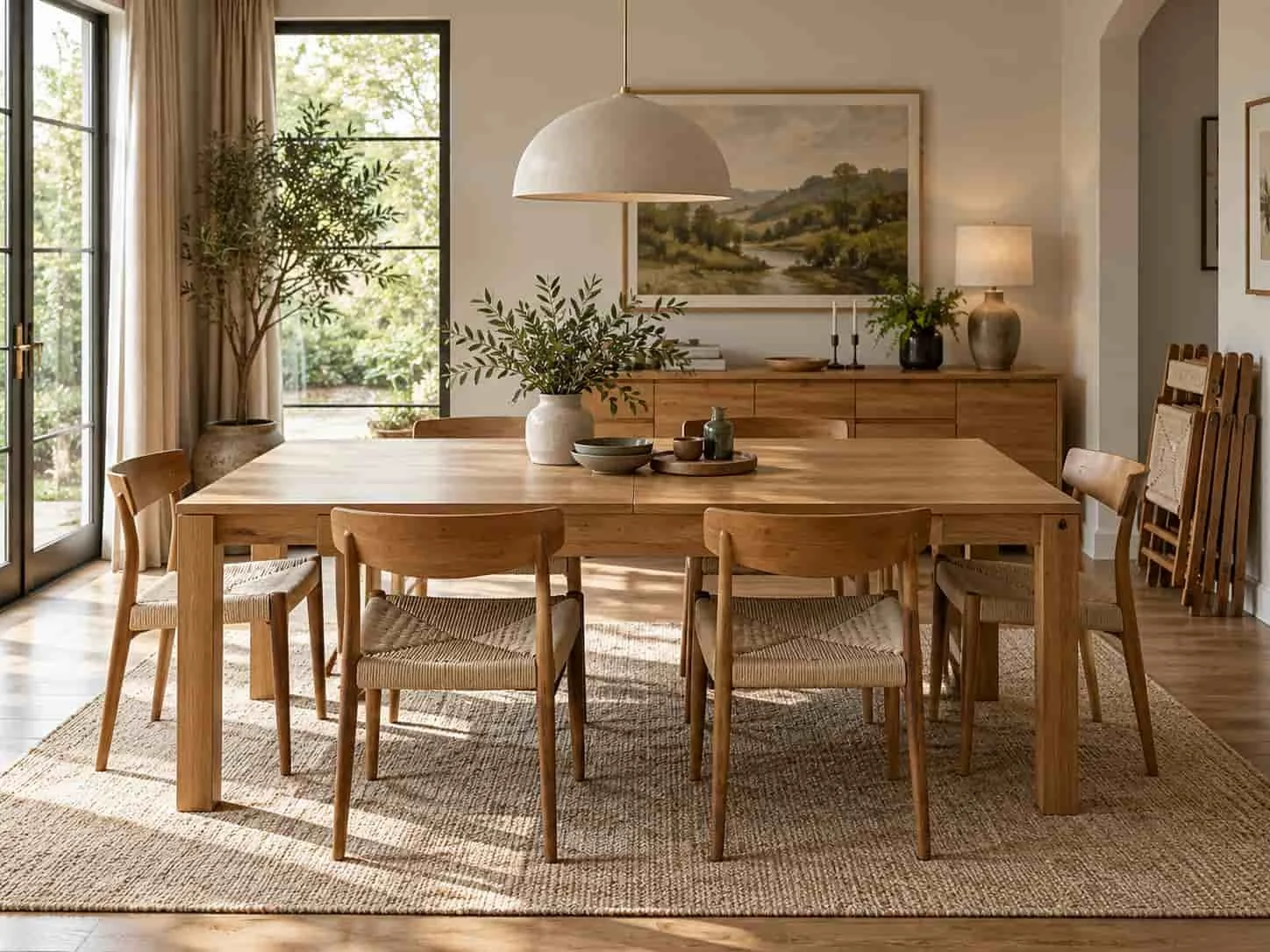 Extendable wooden dining table with a sideboard and extra folding chairs