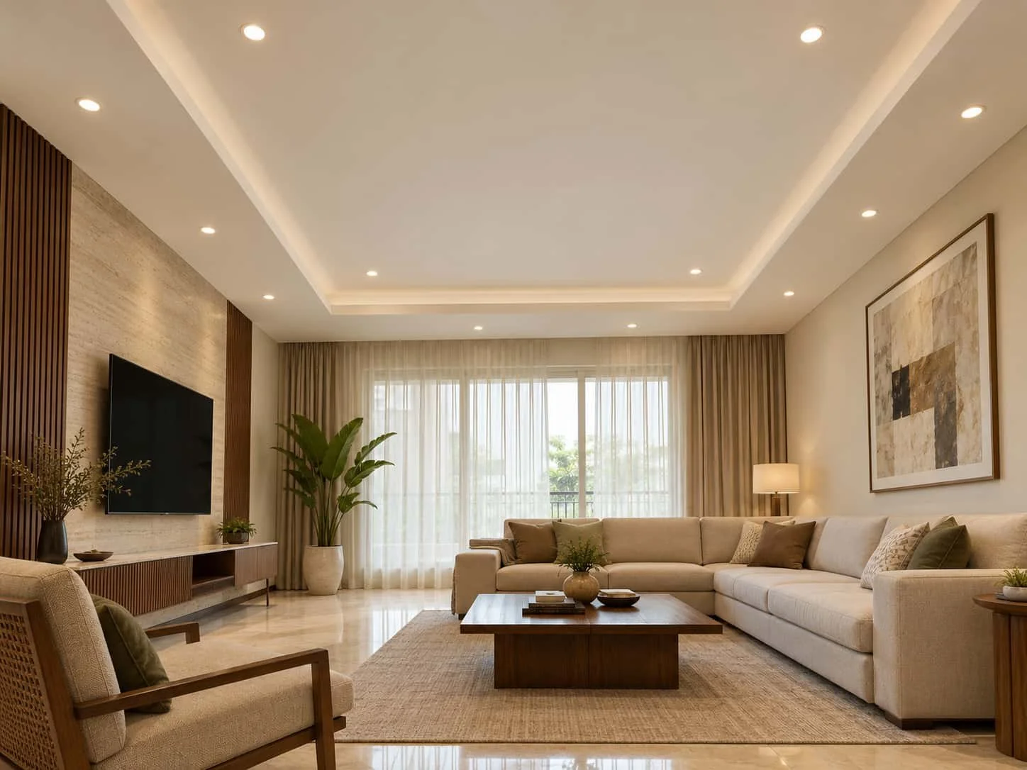 White false ceiling with a rectangular border above a neutral living room