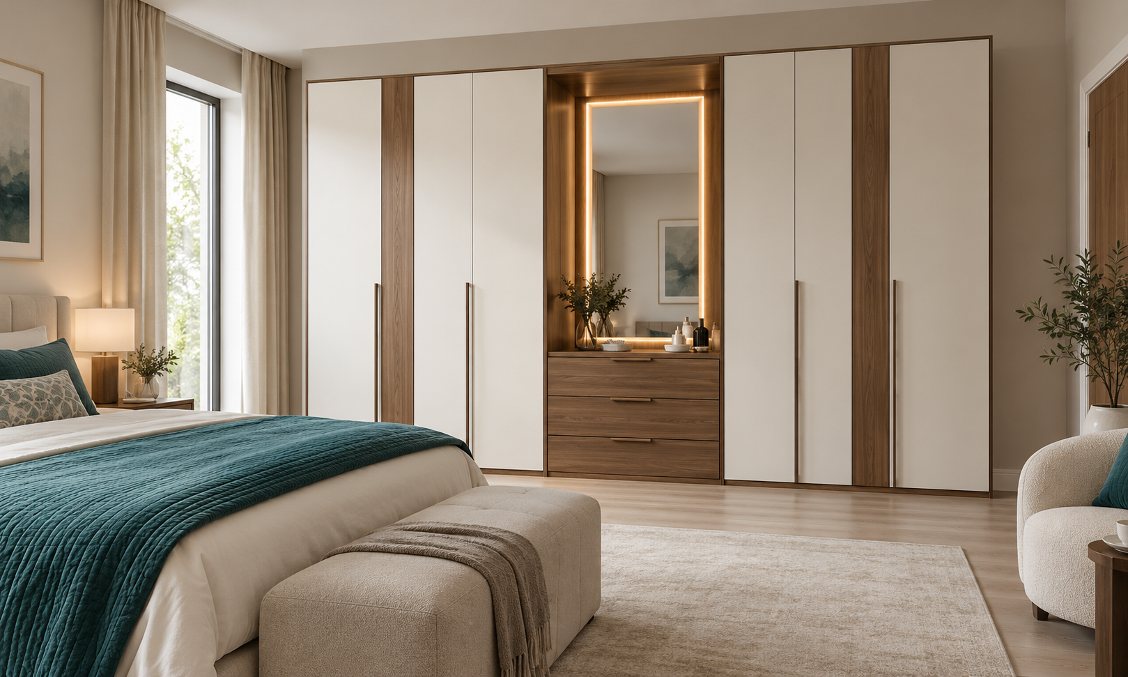White and Walnut Wardrobe with a Dresser design concept