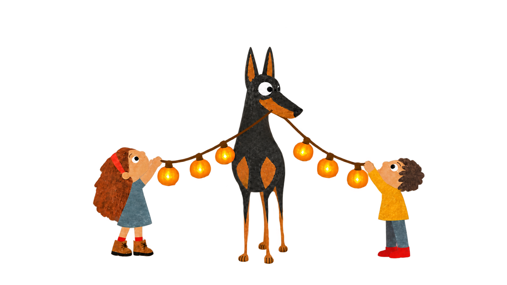 Tilly on the left, Giovanni in the middle, and Giacomo on the right, holding pumpkin lights together.