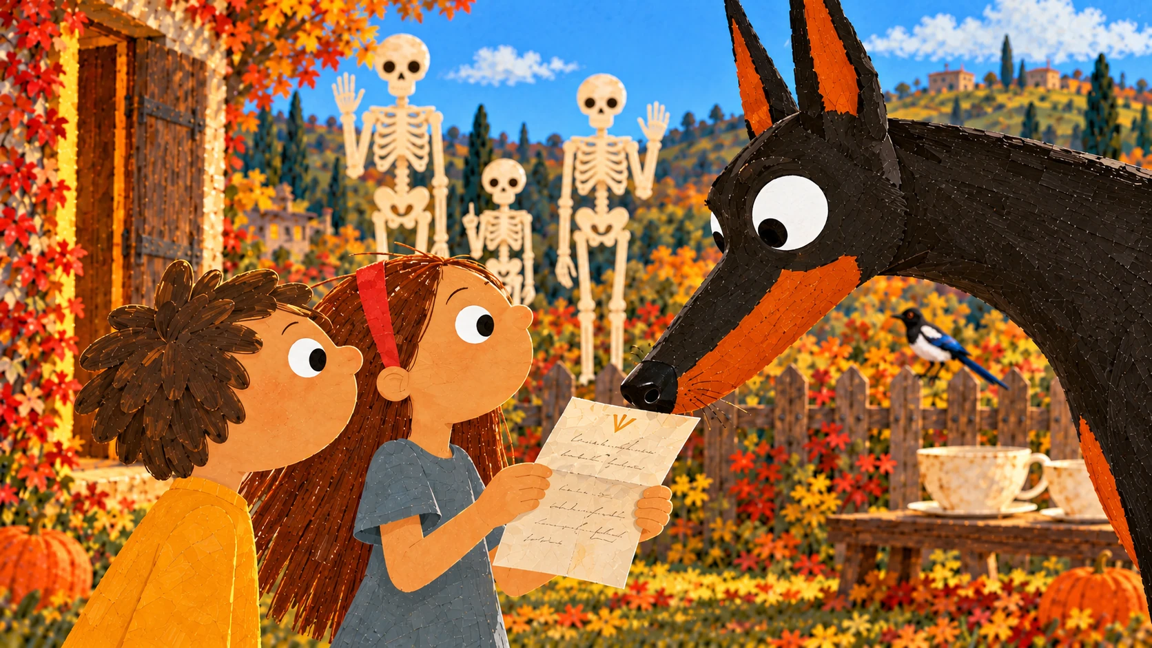 Tilly and Giacomo read the skeleton family’s invitation while Giovanni sniffs the paper and Mabel perches nearby.