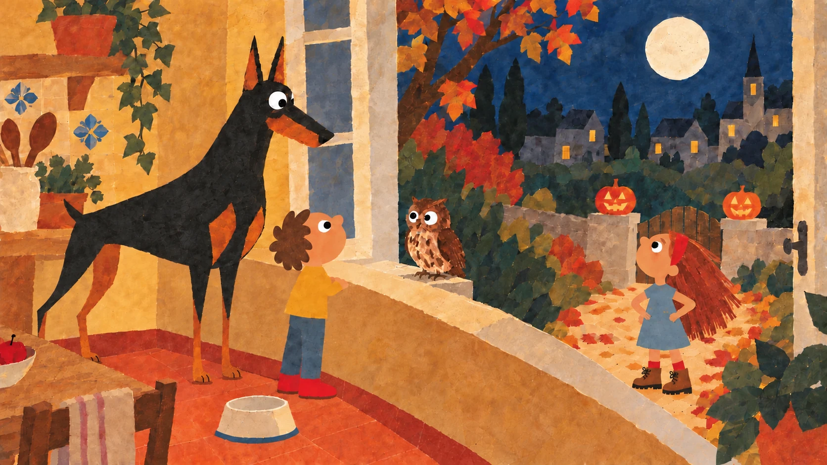 Giacomo and Giovanni in the warm kitchen, speaking to an owl at the open window while Tilly waits outside in the moonlit Halloween garden.