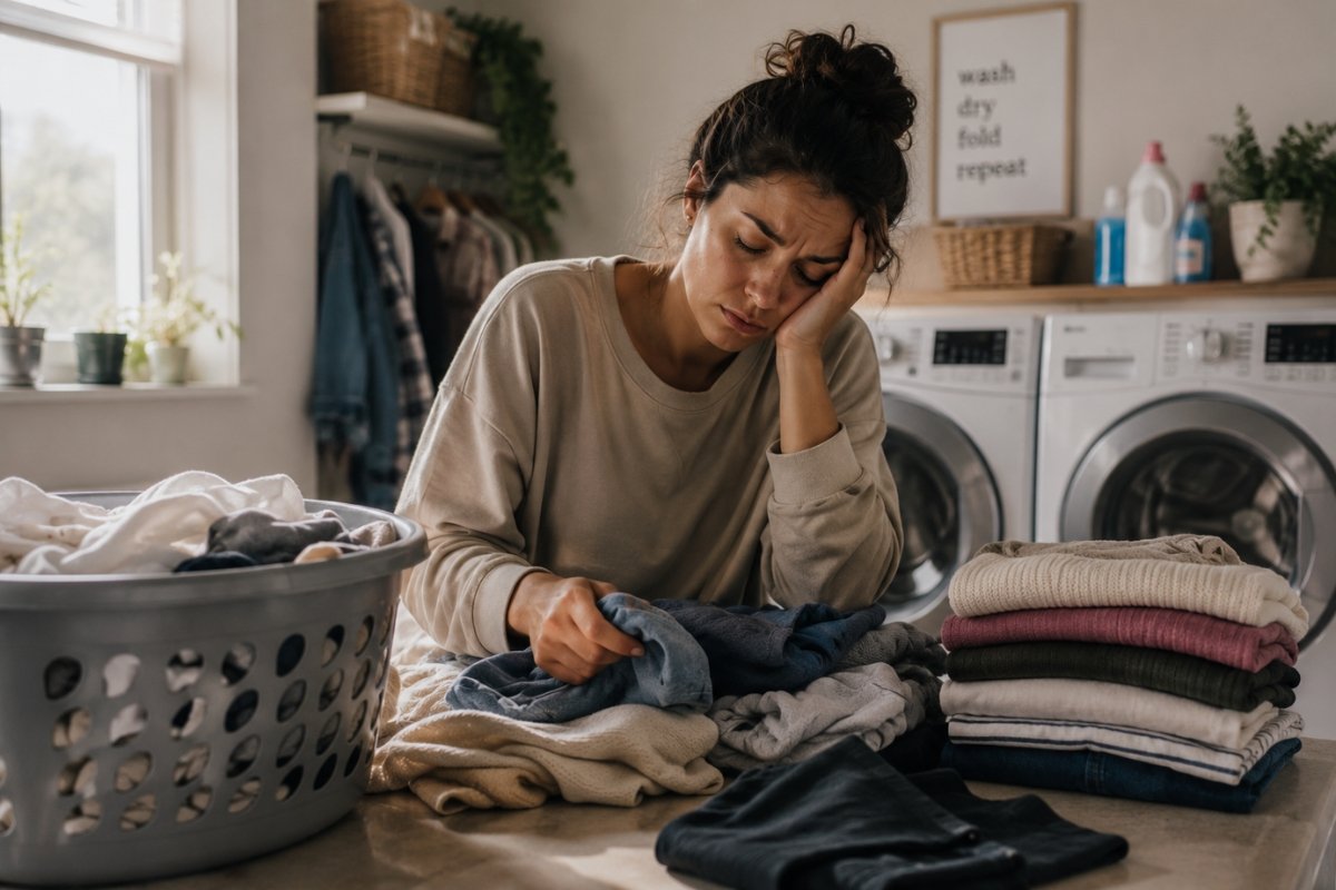 Exhausted woman at work feeling mentally and emotionally drained despite getting rest, representing anxiety, mental load, and burnout