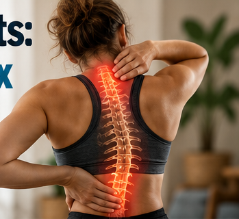 Woman experiencing tension through the neck and back, anatomical illustration