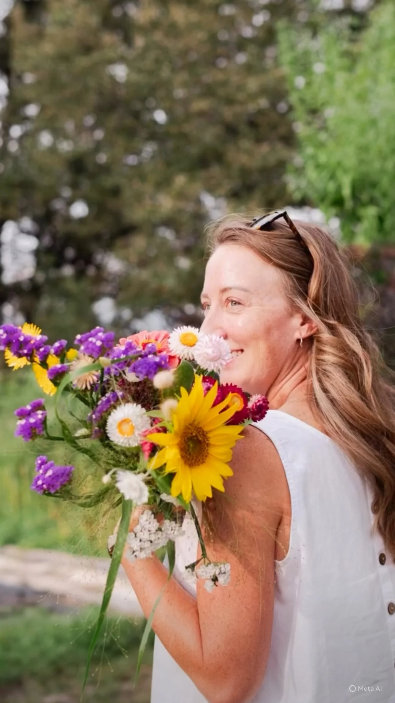 Guest smelling flowers at a Stewberry private event
