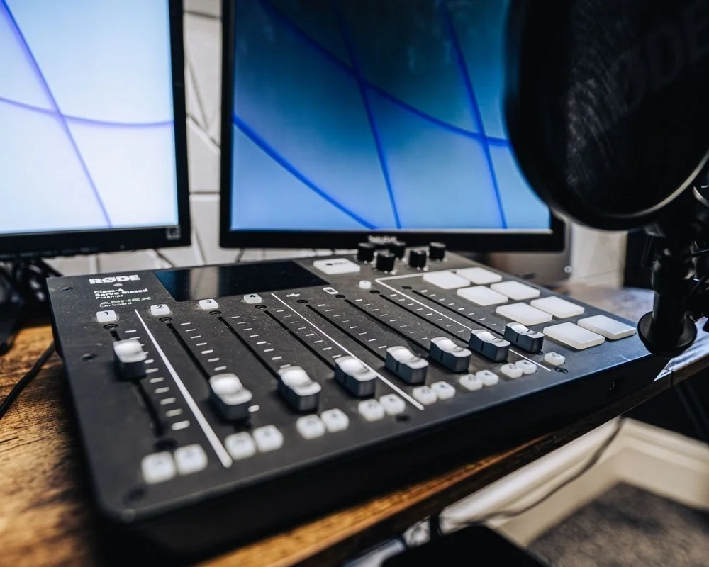 Modern video editing suite with computer workstation and professional editing software setup