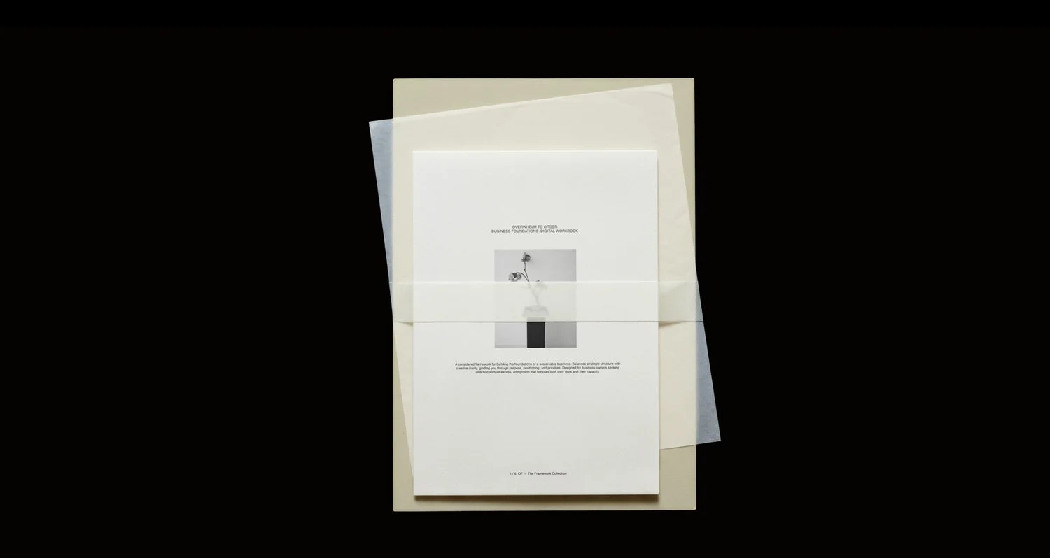A workbook titled “Overwhelm to Order” lies on layered sheets against a black background.