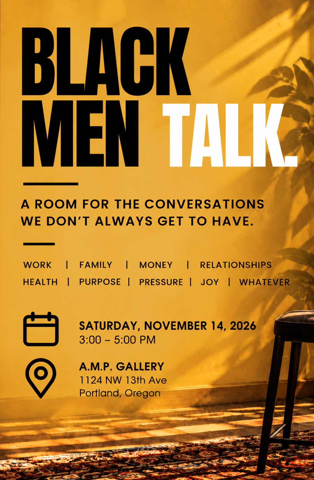 Black Men Talk poster in yellow and black, with the November 14 event details.
