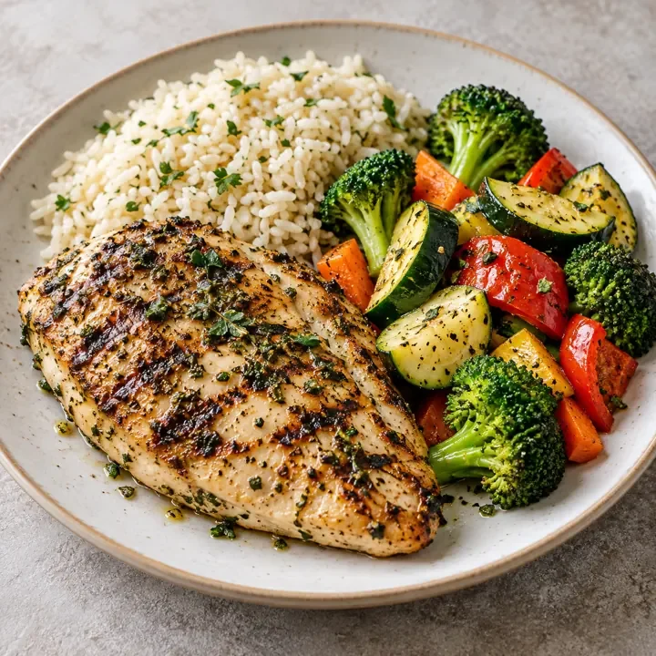 Illustrative image of herb-grilled chicken with rice and vegetables