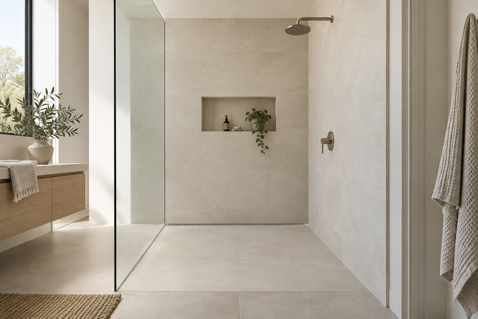 Illustrative walk-in shower with a flush entry, fixed glass panel, recessed niche and rear linear drain.