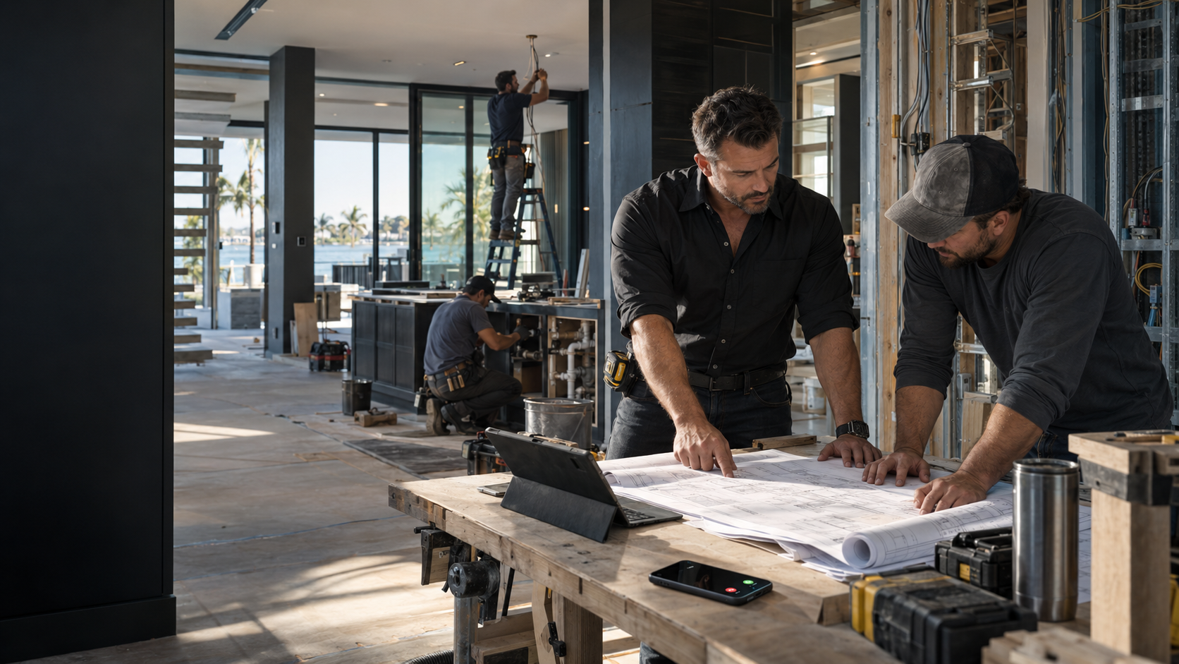 Contractors reviewing plans while working inside a home renovation