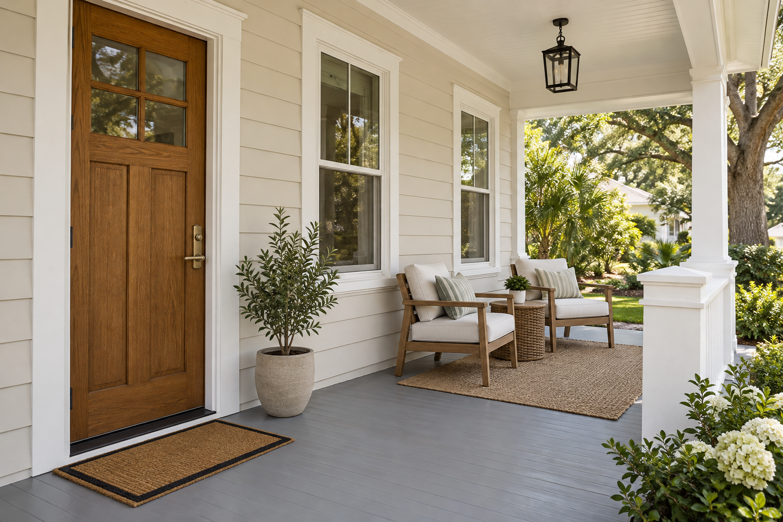 Illustrative covered porch with ivory lap siding, white window trim and a wood entry door
