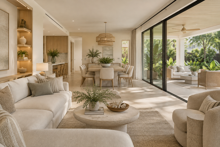 Illustrative modern coastal living and dining room with light oak finishes, cream seating and glass doors to a shaded patio.