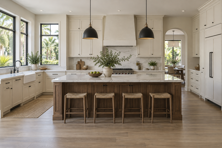 Illustrative remodeled kitchen with ivory shaker perimeter cabinetry, a walnut island and pale stone counters.