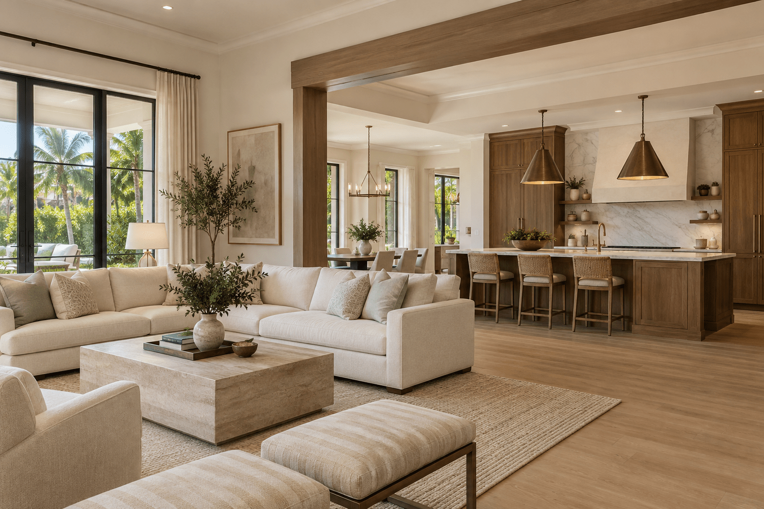Illustrative completed remodel with a broad finished opening connecting a cream living room and a walnut kitchen