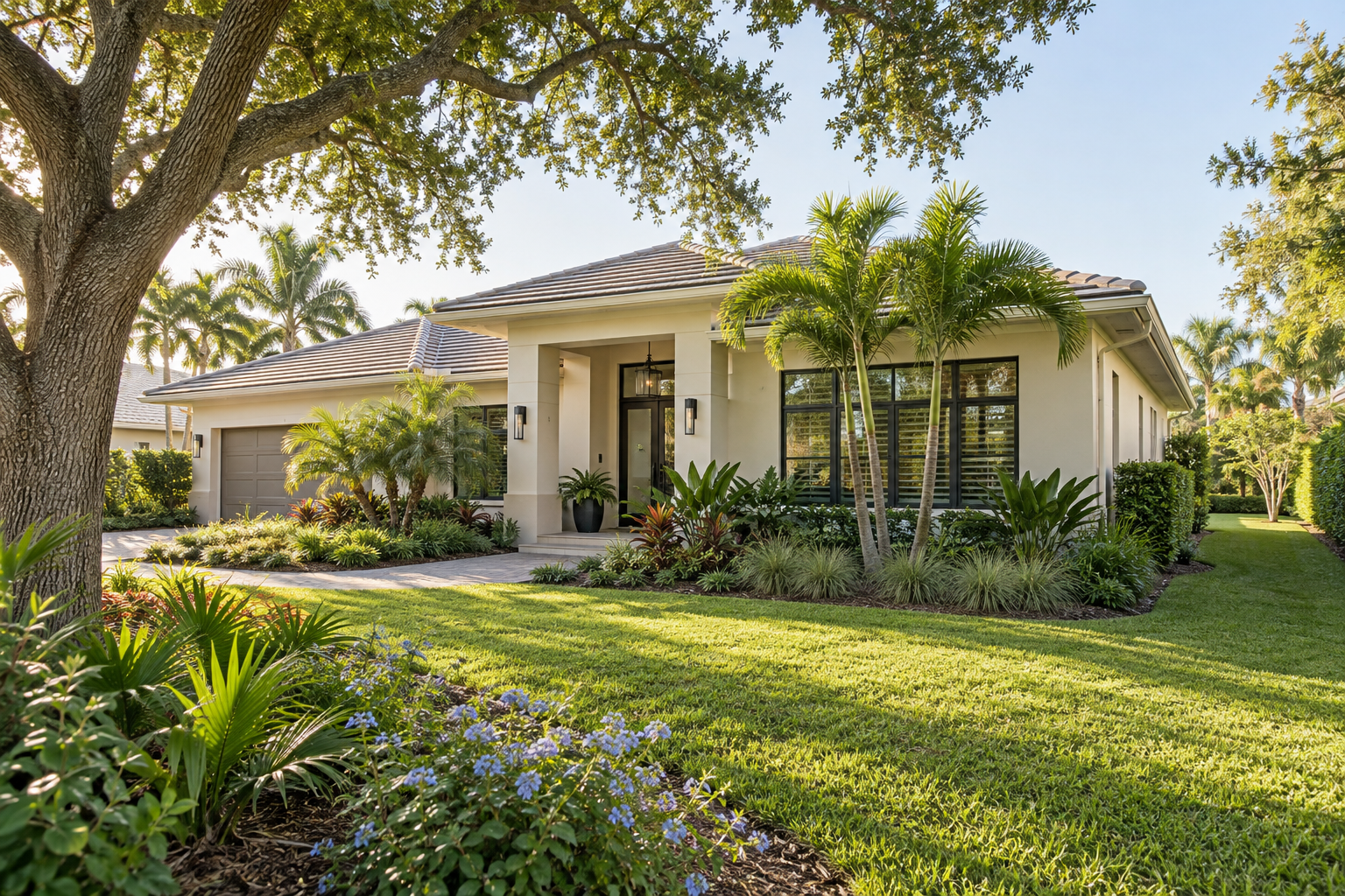 Illustrative renovated Florida home with shaded windows, landscaped lawn and a side yard