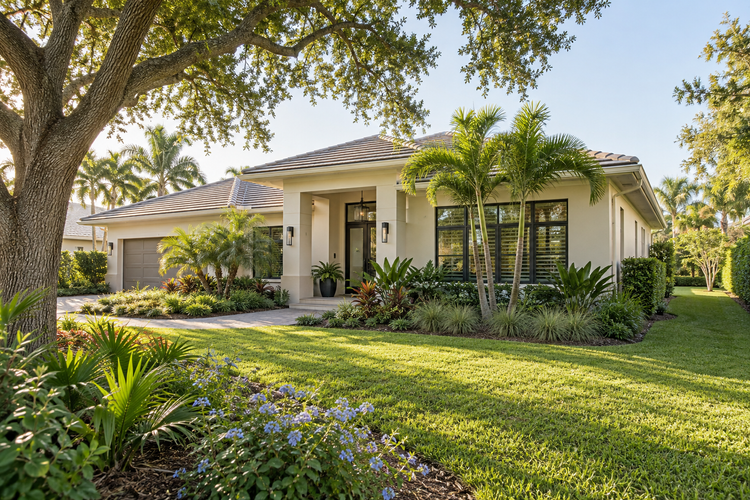 Illustrative renovated Florida home with shaded windows, landscaped lawn and a side yard