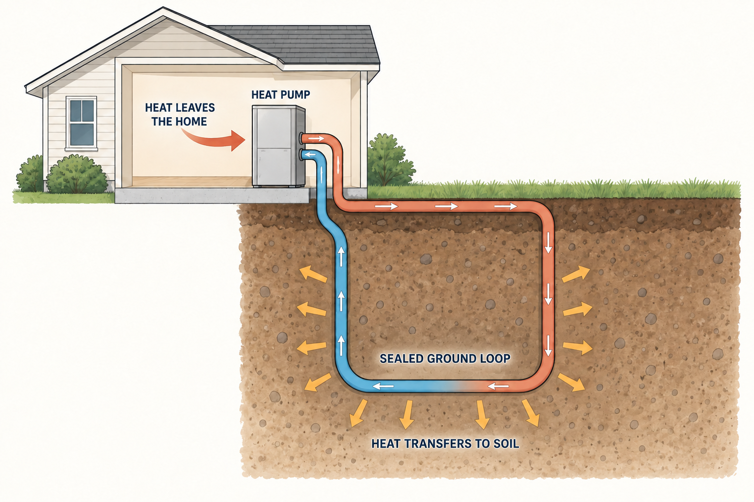 Conceptual closed-loop geothermal cooling diagram showing heat moving from the home through the heat pump and into surrounding soil