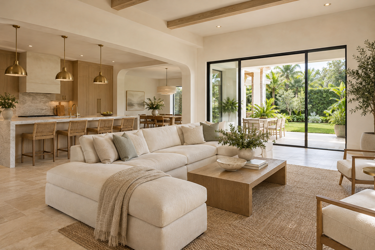 Illustrative Florida living room renovation with ivory walls, oak millwork and an open connection to the kitchen