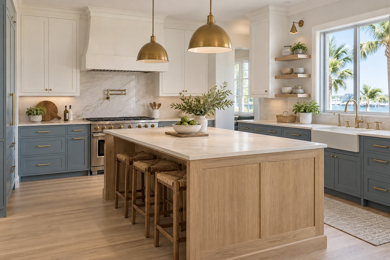 Illustrative remodeled coastal kitchen with muted blue cabinetry, white upper cabinets, an oak island and brass hardware