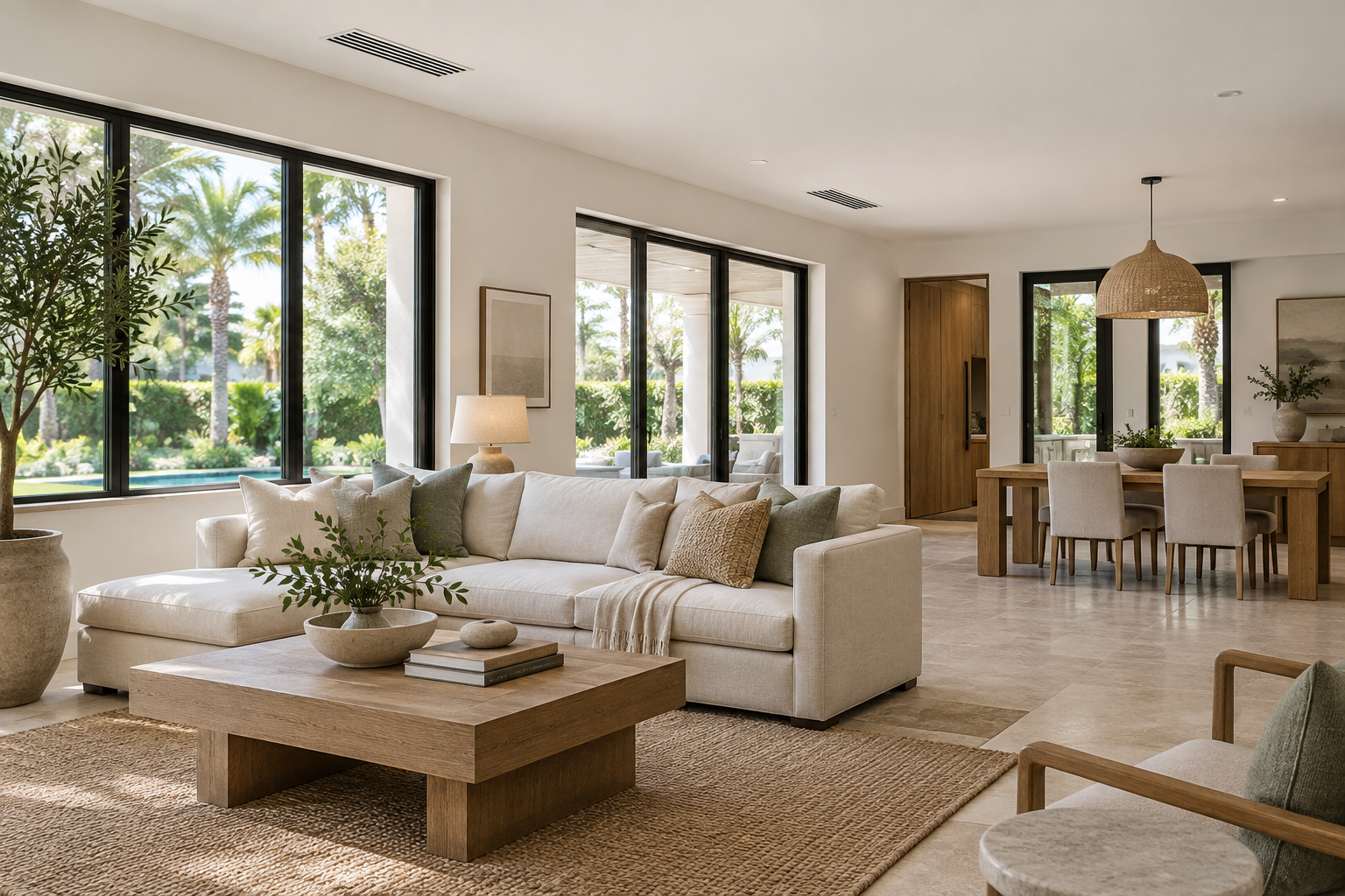 Illustrative renovated living room with shaded windows and discreet ceiling air grilles