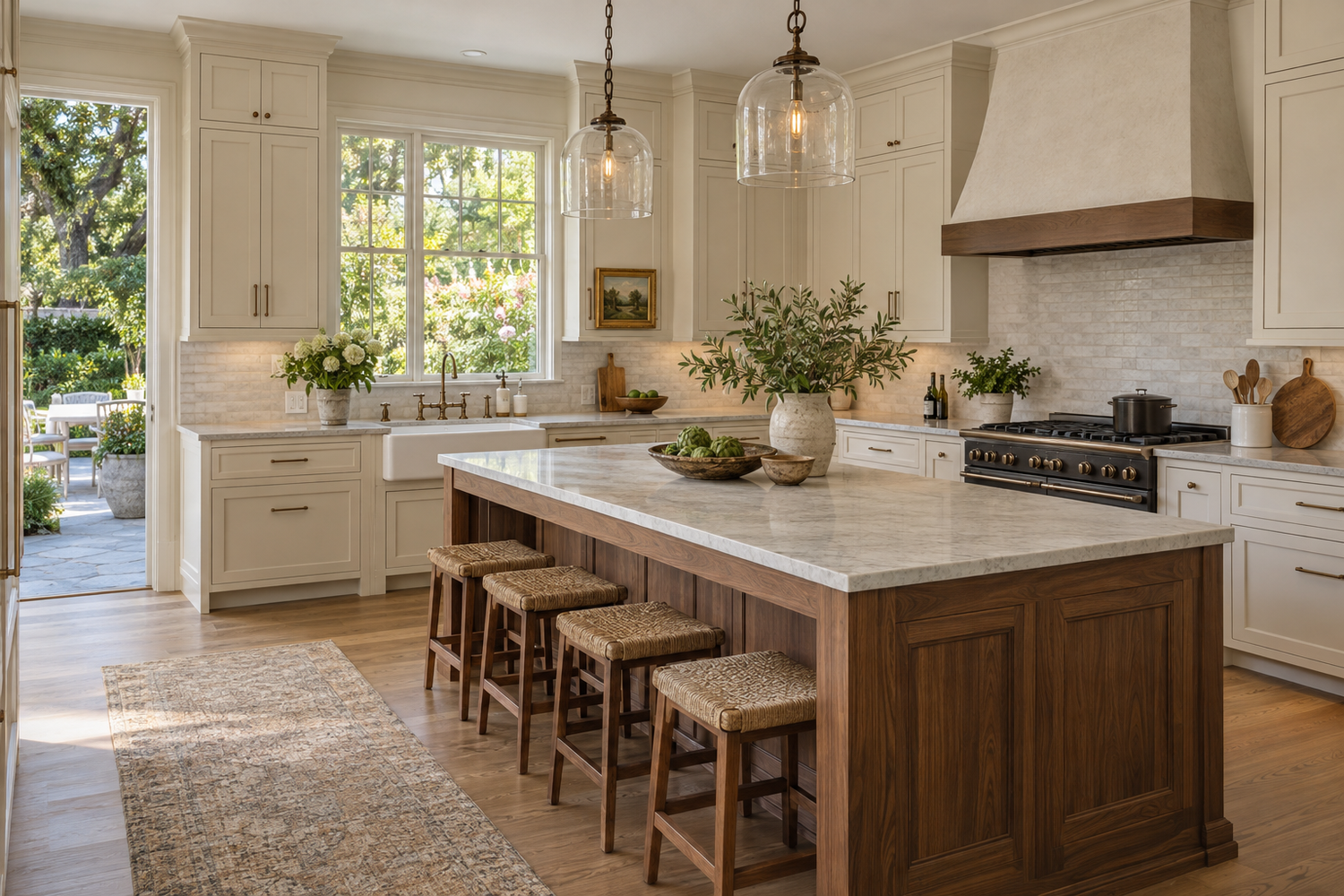 Illustrative custom cottage kitchen with cream inset cabinetry, a walnut island and pale stone counters