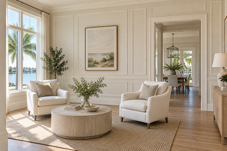 Illustrative living room with cream wall-panel molding, crown molding, tall baseboards and white window casings