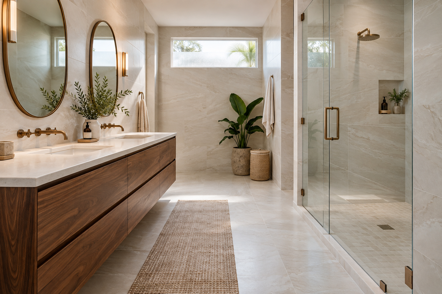 Illustrative remodeled bathroom with a walnut double vanity, bronze fixtures and an enclosed glass shower