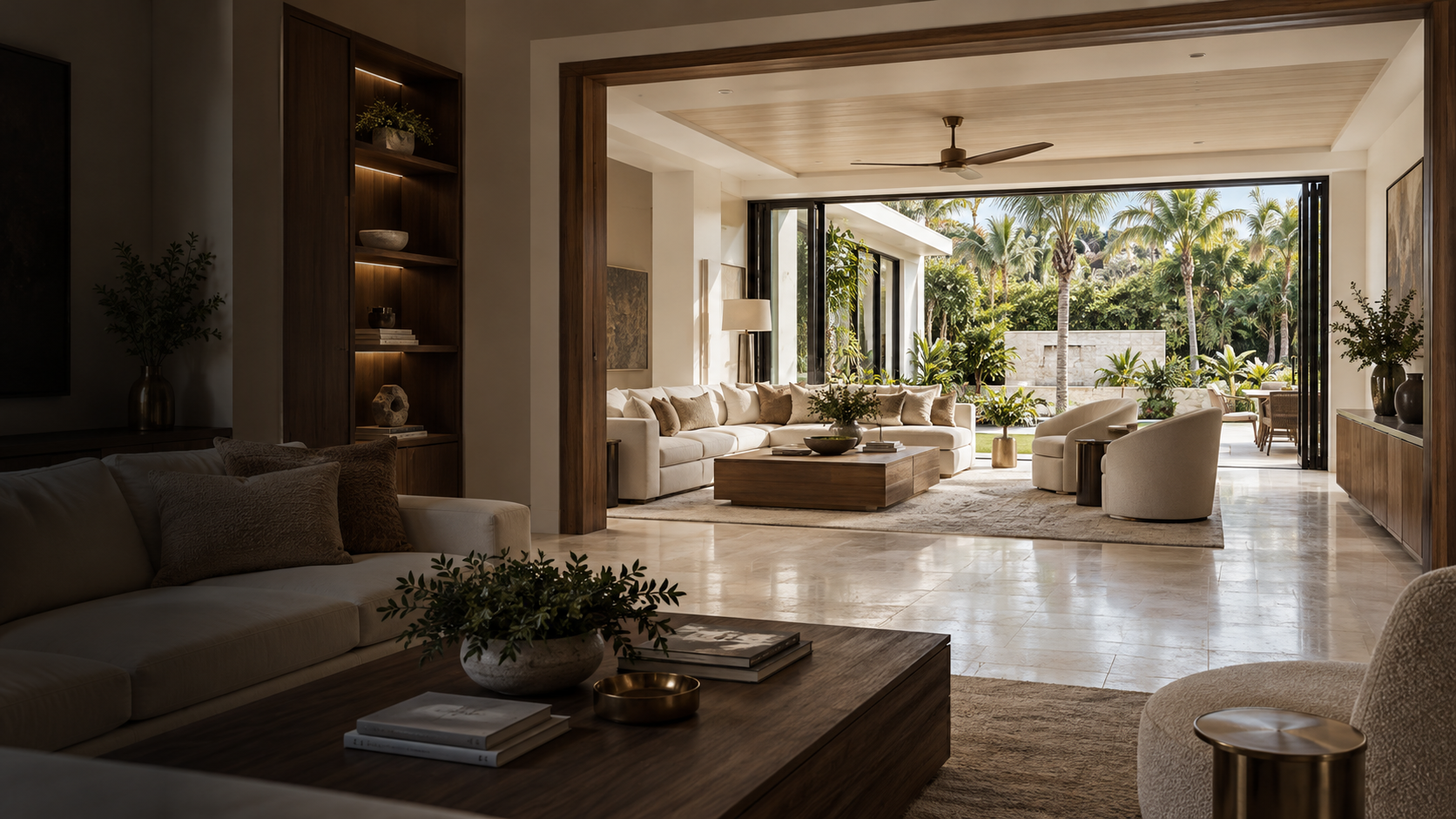 Illustrative remodeled living room opening into a sunlit family lounge with coordinated walnut cabinetry and stone floors