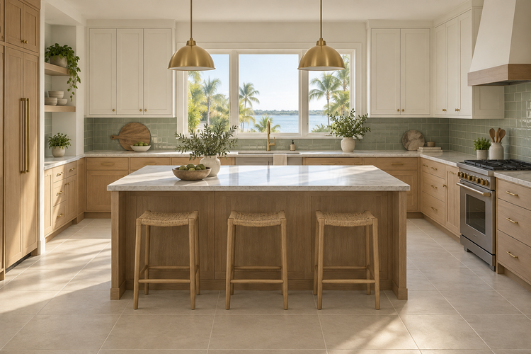 Illustrative kitchen combining white-oak cabinetry, warm white upper cabinets, a pale countertop and sage tile backsplash.