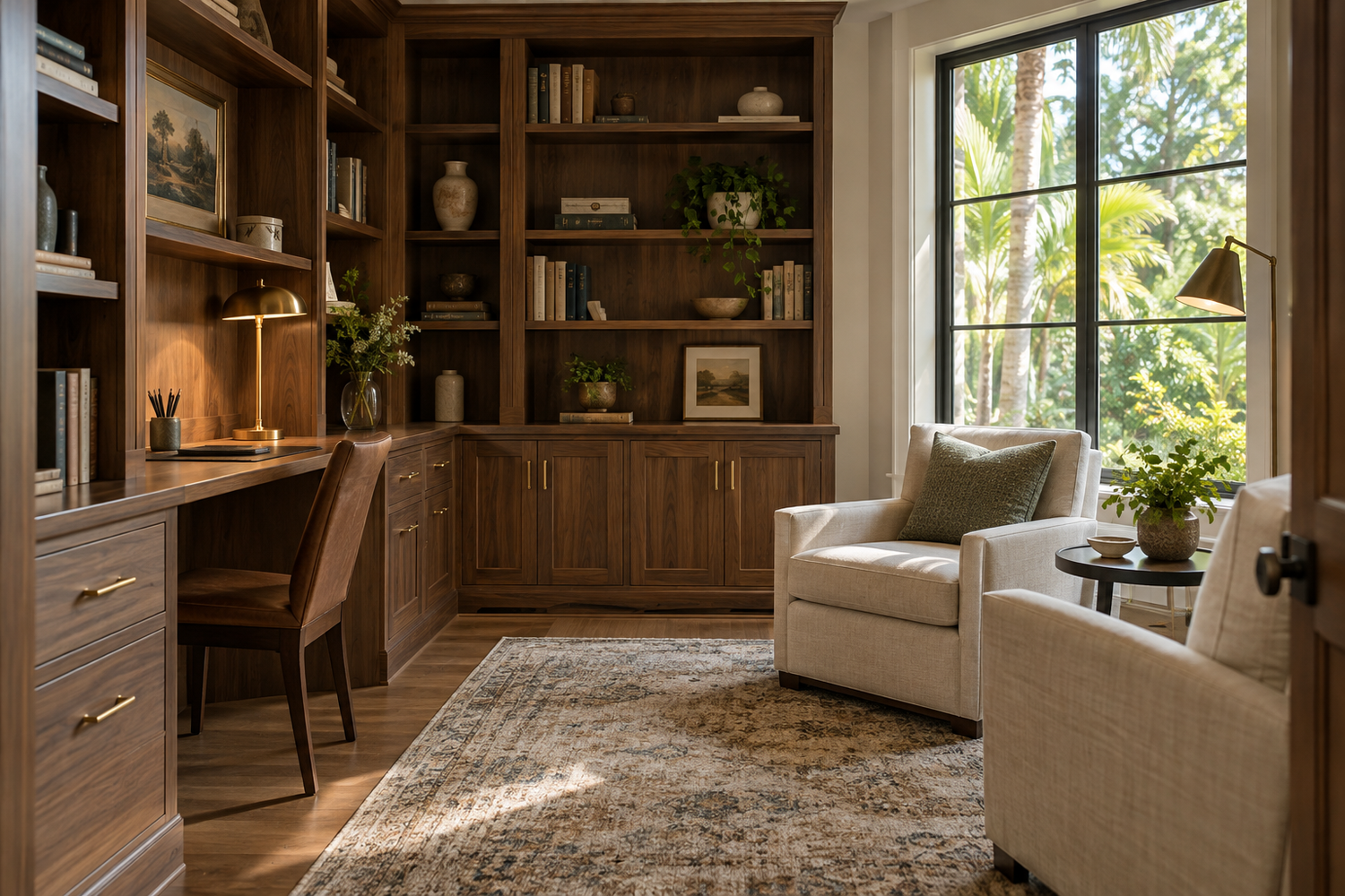 Illustrative custom home study with walnut built-ins, a writing desk and upholstered reading chairs