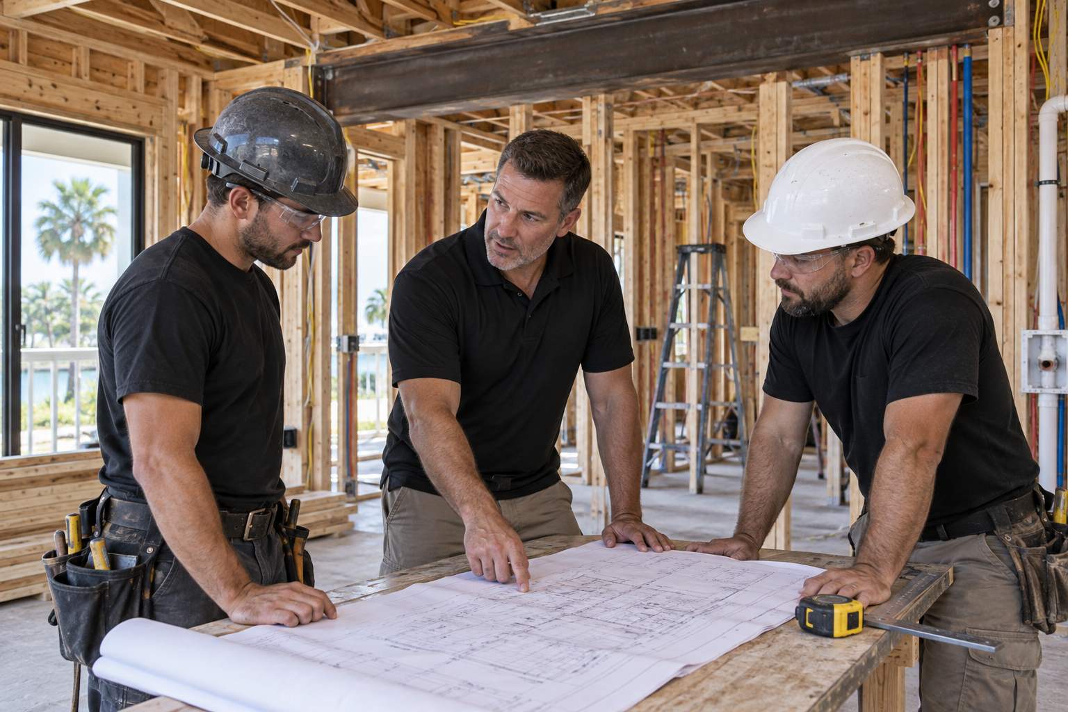 Building contractor and homeowner reviewing a completed luxury kitchen renovation in coastal Florida