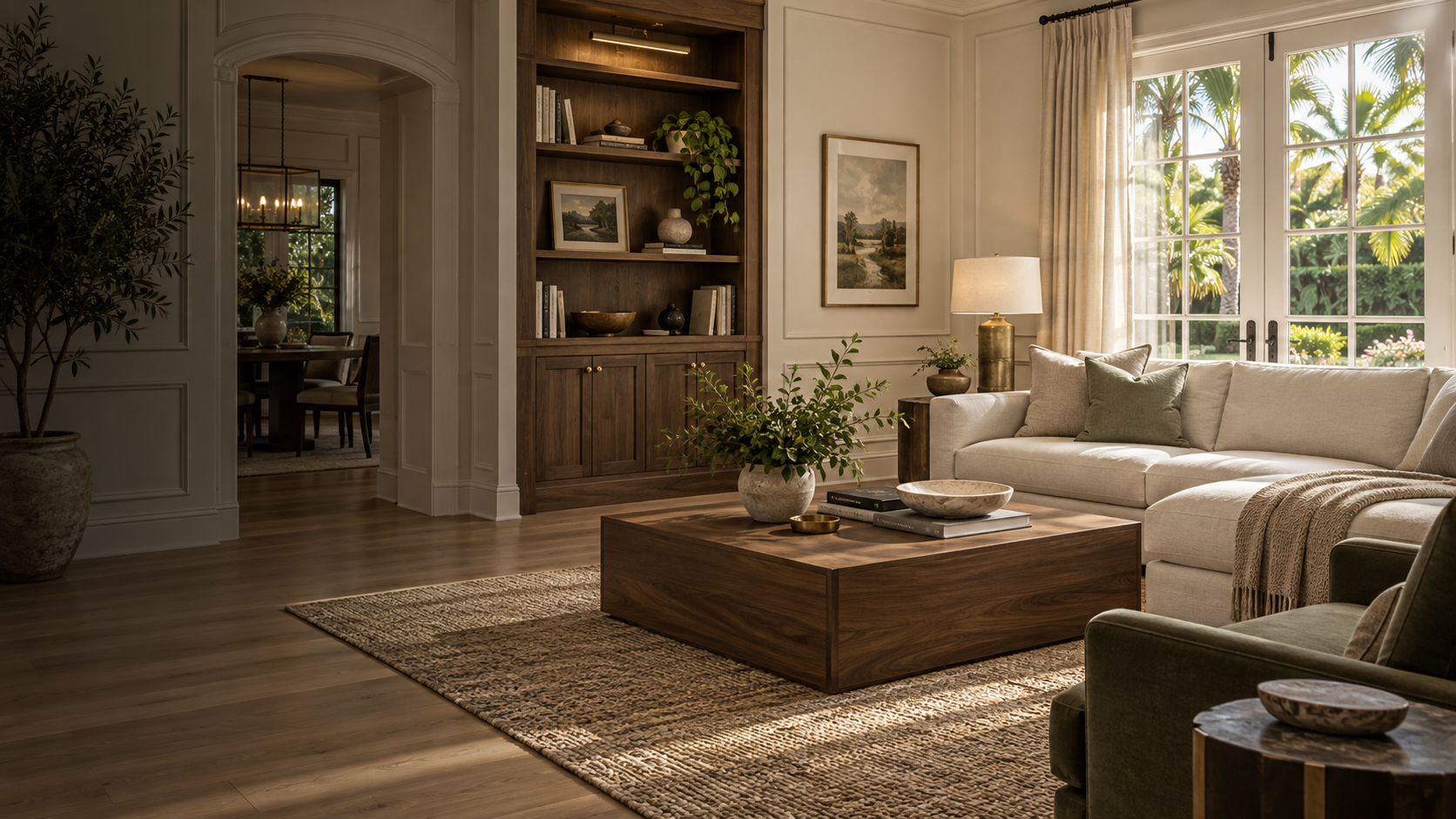 Illustrative living room refreshed with ivory wall moldings, walnut built-ins, pale oak flooring and layered neutral finishes
