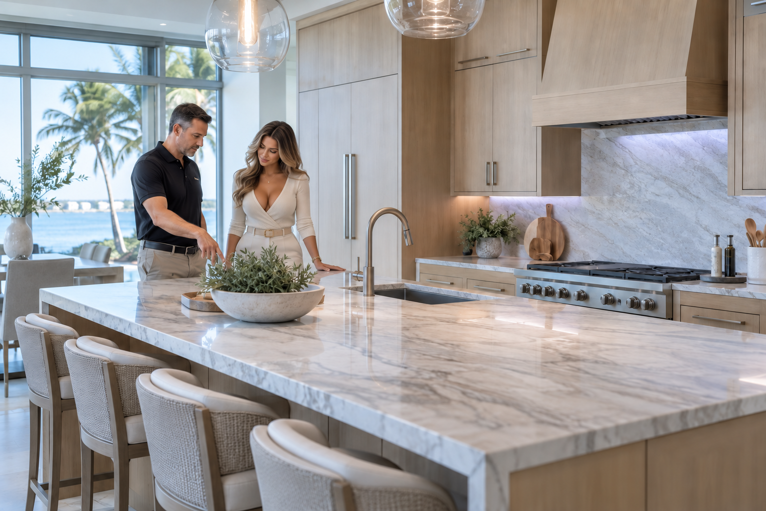 MDI Custom Homes building contractor reviewing renovation plans with a homeowner in a Florida waterfront home
