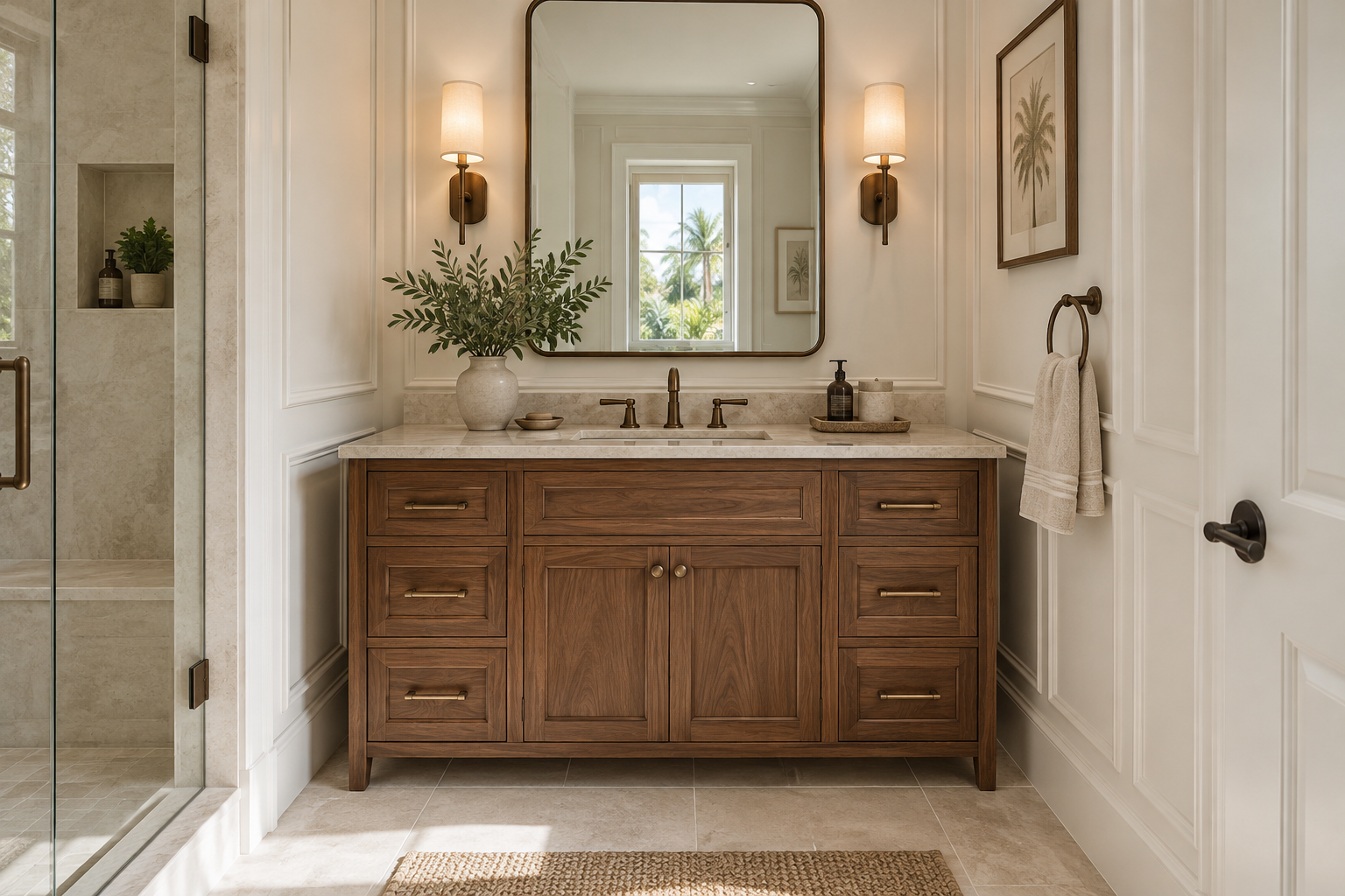 Illustrative bathroom vanity with walnut cabinetry, a pale stone countertop, bronze mirror and warm ivory finishes