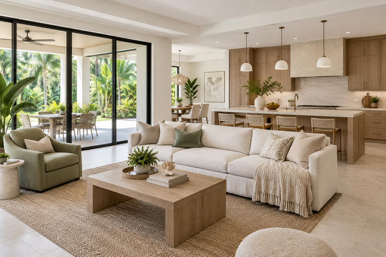 Illustrative coastal living room opening to an oak kitchen and a covered patio with tropical landscaping