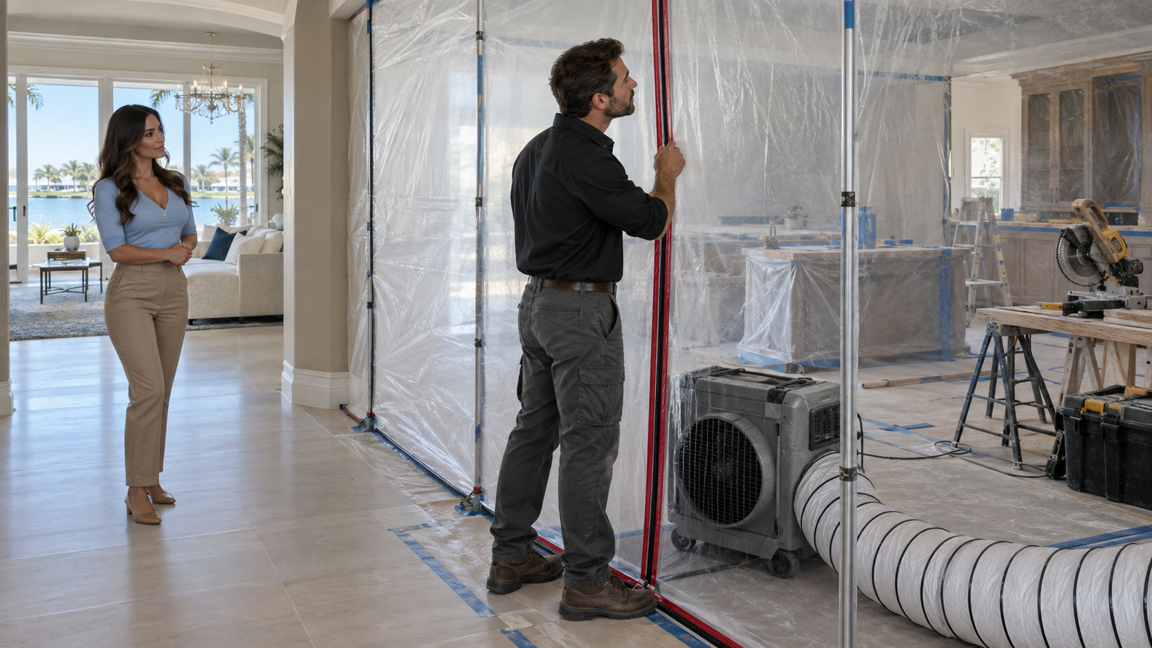 Tradespeople using guarded scaffolding and fall protection on a coastal Florida home