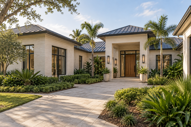 Illustrative Florida courtyard home with a covered entry, warm wood front door and landscaped approach