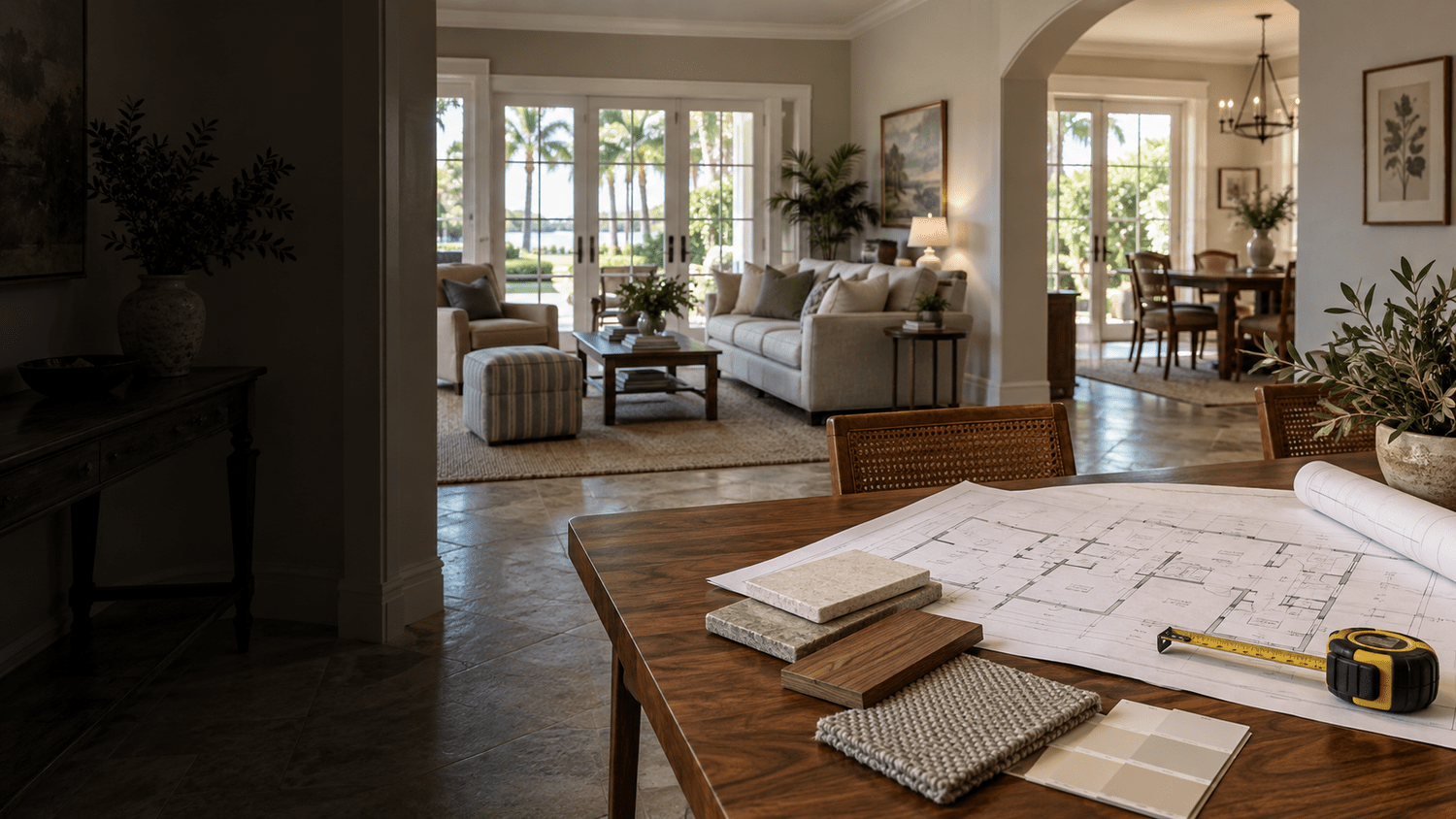 Illustrative remodeling planning table with floor plans and material samples overlooking an existing Florida living room