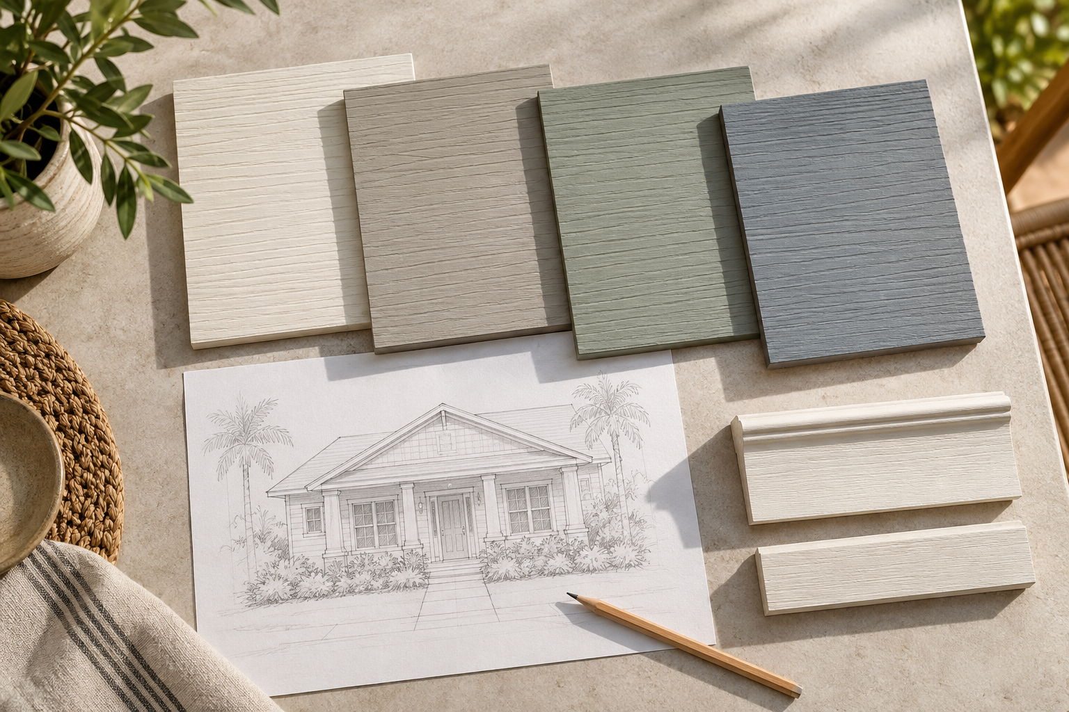 Illustrative siding and trim samples in coastal colors beside a bungalow elevation sketch