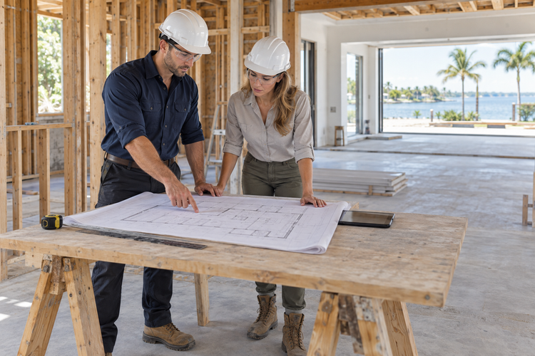 Illustrative construction professionals reviewing a floor plan at an orderly residential remodeling site while wearing protective equipment.