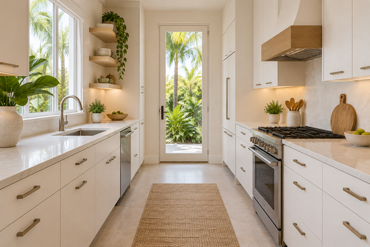 Illustrative compact galley kitchen with parallel white cabinet runs, oak accents and an open central aisle.
