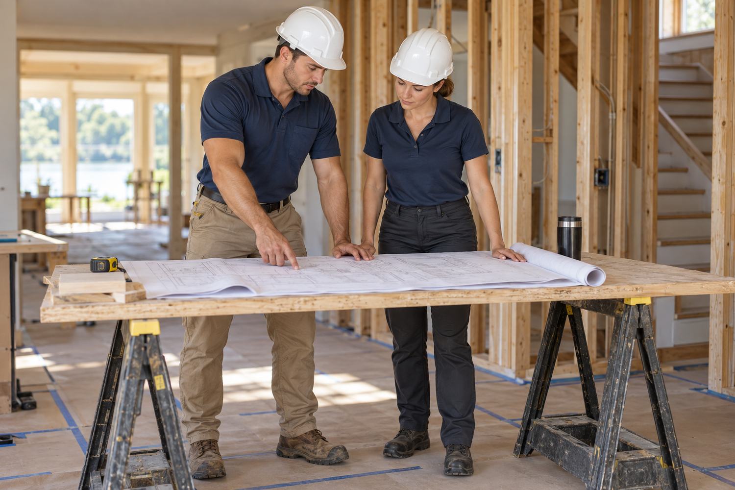 Illustrative construction professionals wearing hard hats reviewing plans in an organized residential remodeling space