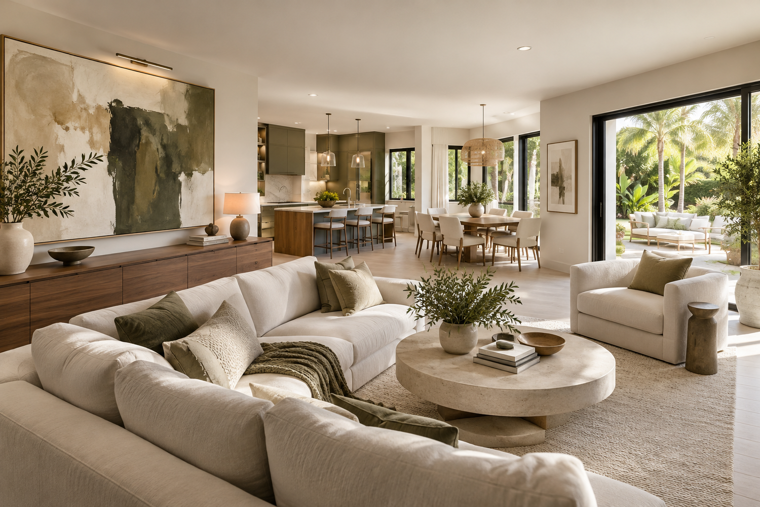 Illustrative remodeled Florida ranch home interior with walnut built-in storage and a connected living and dining layout